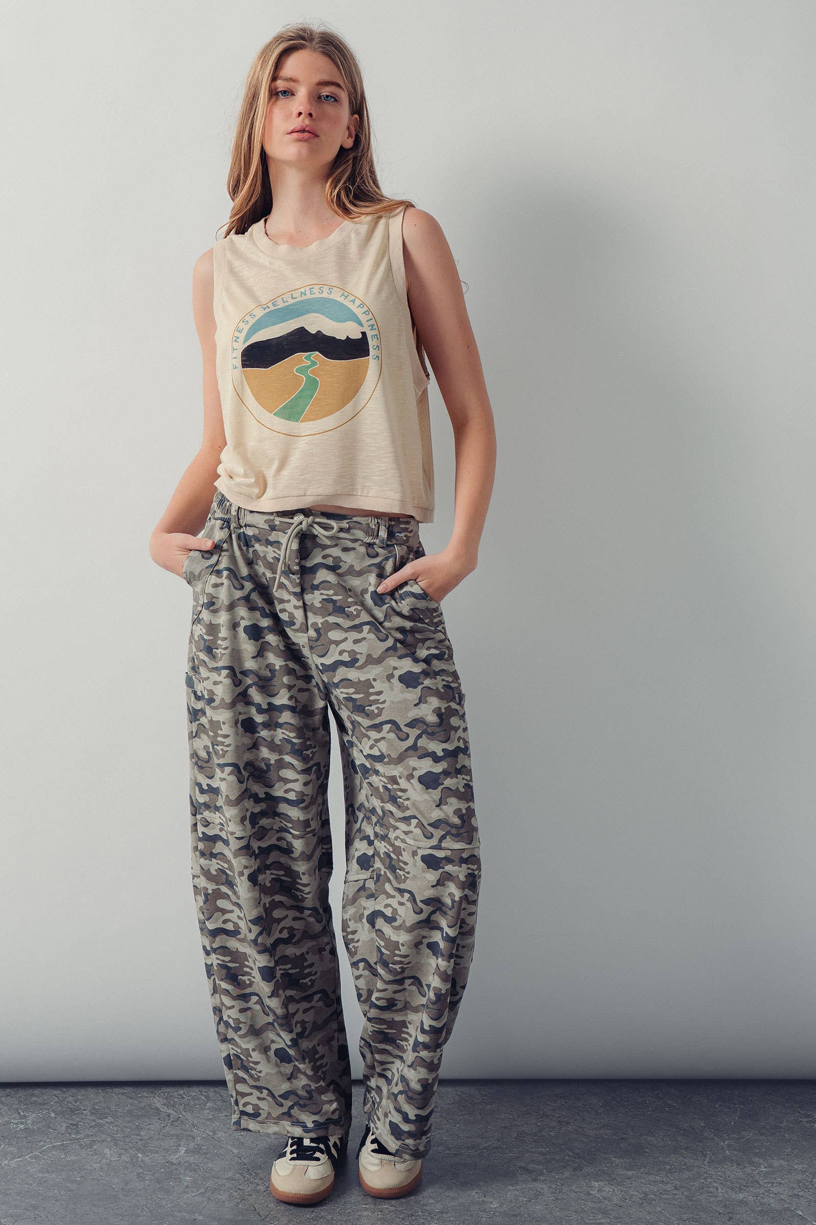 Camo Print Wide Leg Cargo Sweatpants