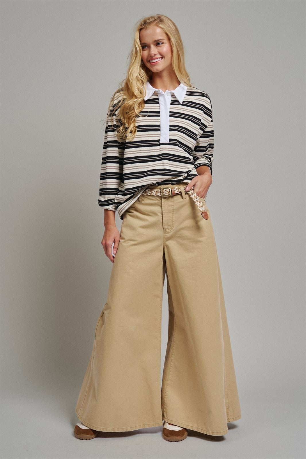 Washed Cotton Wide Leg Palazzo Pants with Woven Belt in KHAKI - Women's Casual Pants | Urban Daizy