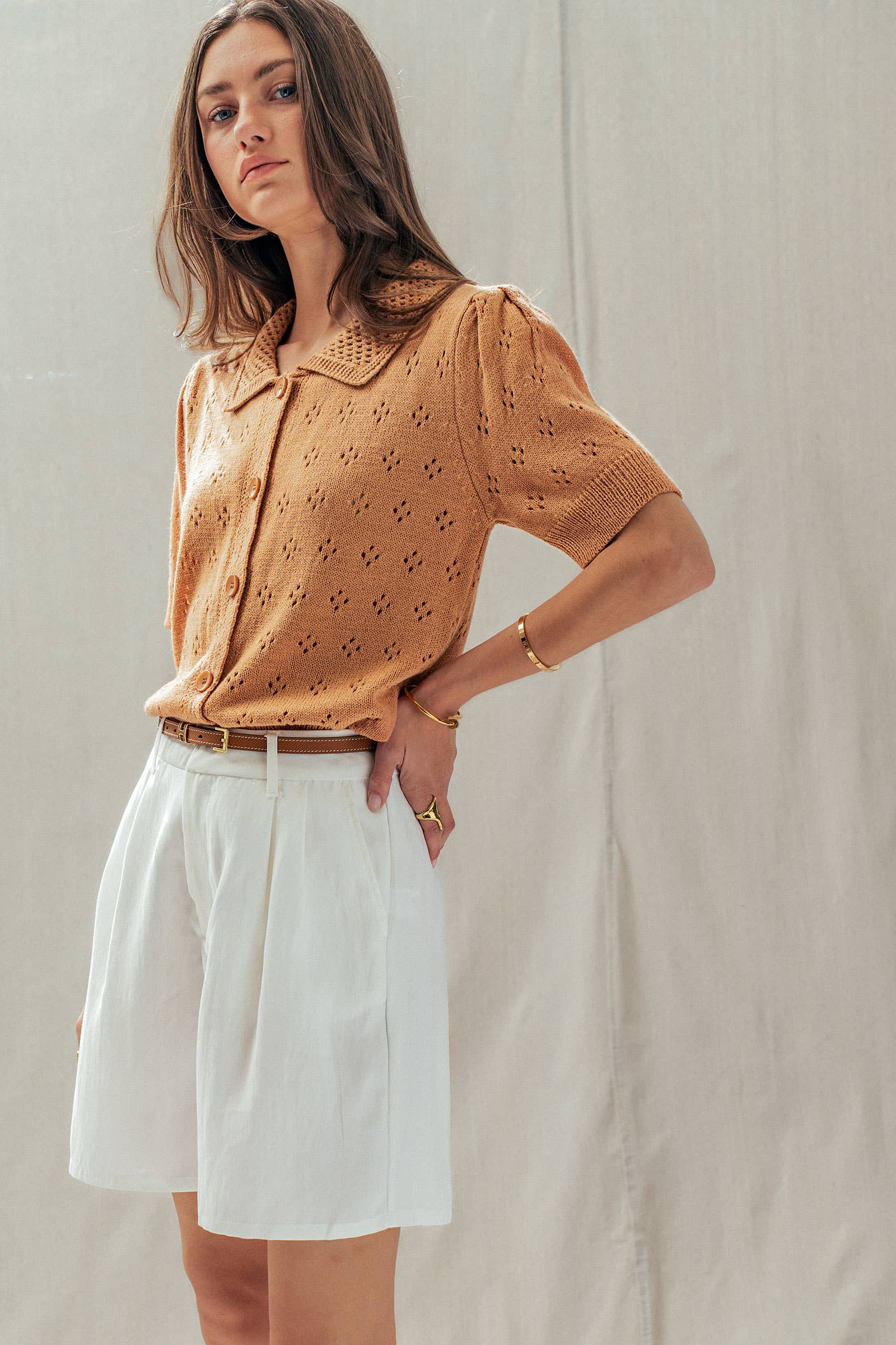 Urban Daizy Pointelle Knit Puff Sleeve Collared Cardigan Warm-Camel Cardigan - Women's (UDSW0345-Warm-Camel) – alternate view 9