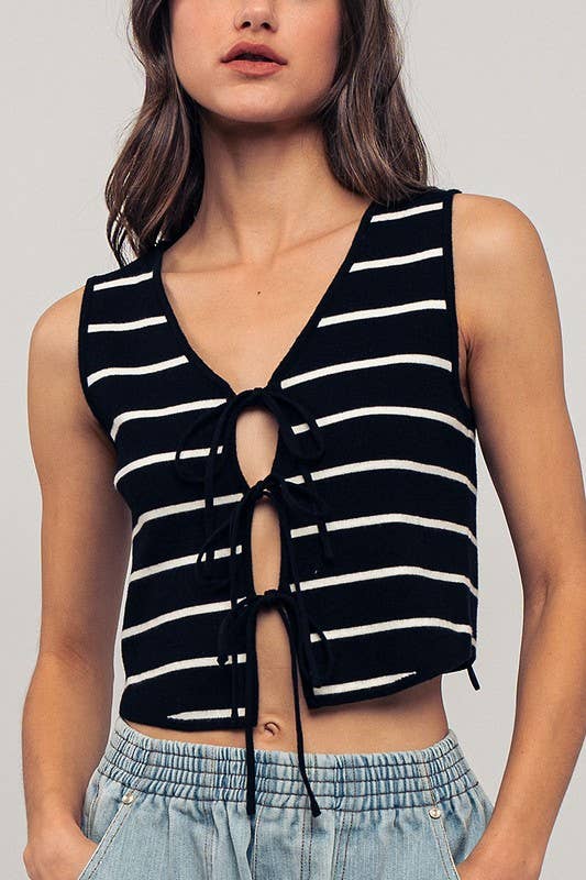 Urban Daizy Striped Tie-Front Cropped Knit Top Black White Knit Top - Women's (UDZ-TP-00750) – alternate view 20