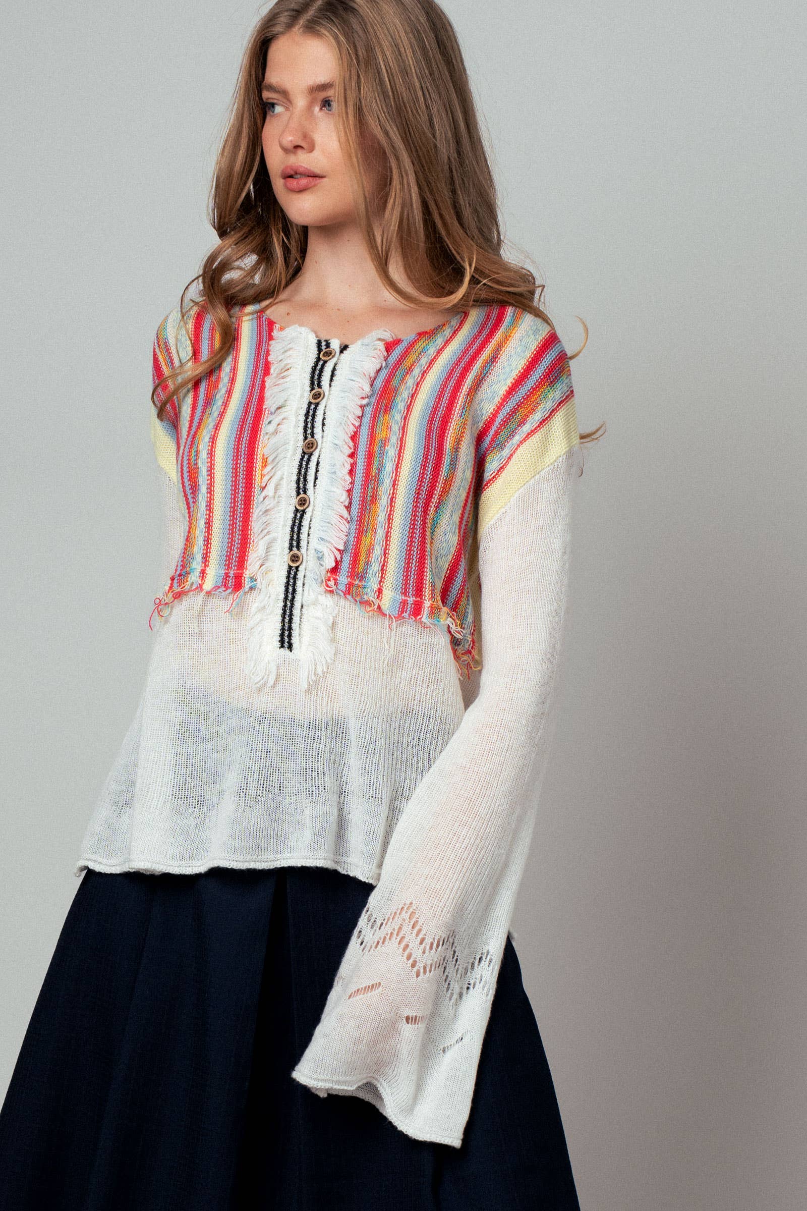 Mixed-Media Woven Yoke Bell Sleeve Sweater