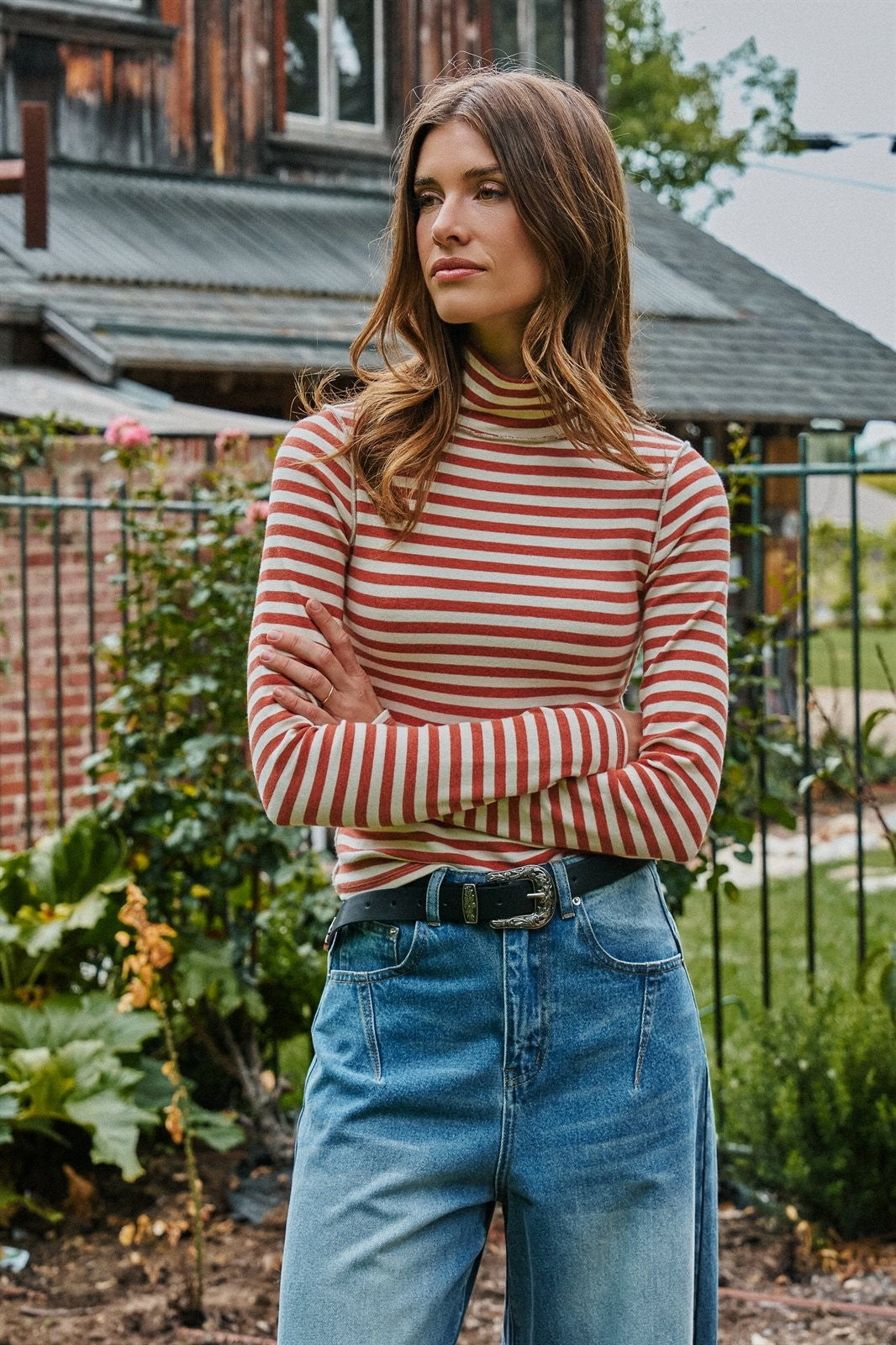 Classic Striped Long Sleeve Turtleneck Top in IVORY RUST - Women's T-Shirts & Polos | Urban Daizy