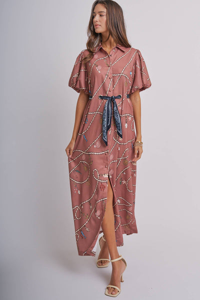 Nautical Motif Puff Sleeve Shirt Dress
