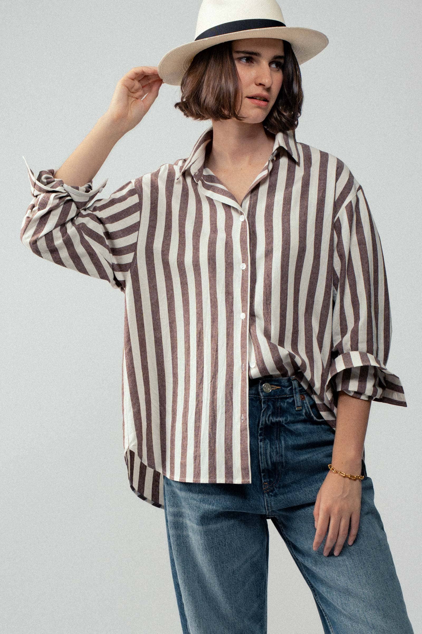 Urban Daizy Oversized Stripe Button Down Collared Shirt Blue Button Down Shirt - Women's (UDZ-TP-00759) – alternate view 14
