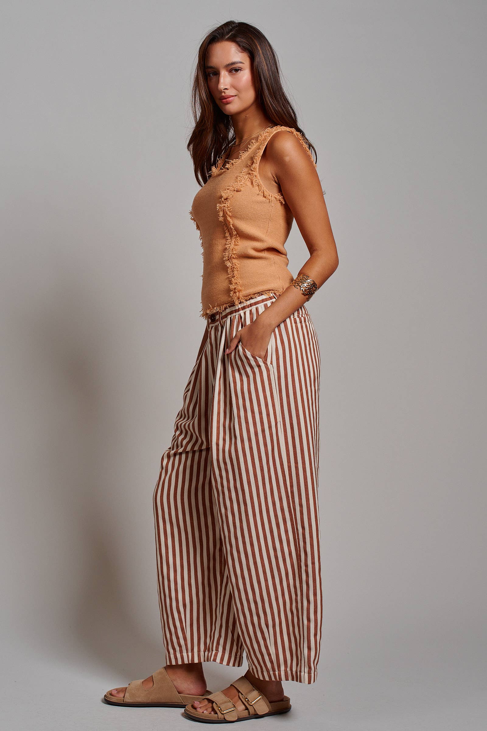 Striped Pleated Wide Leg Culotte Pants