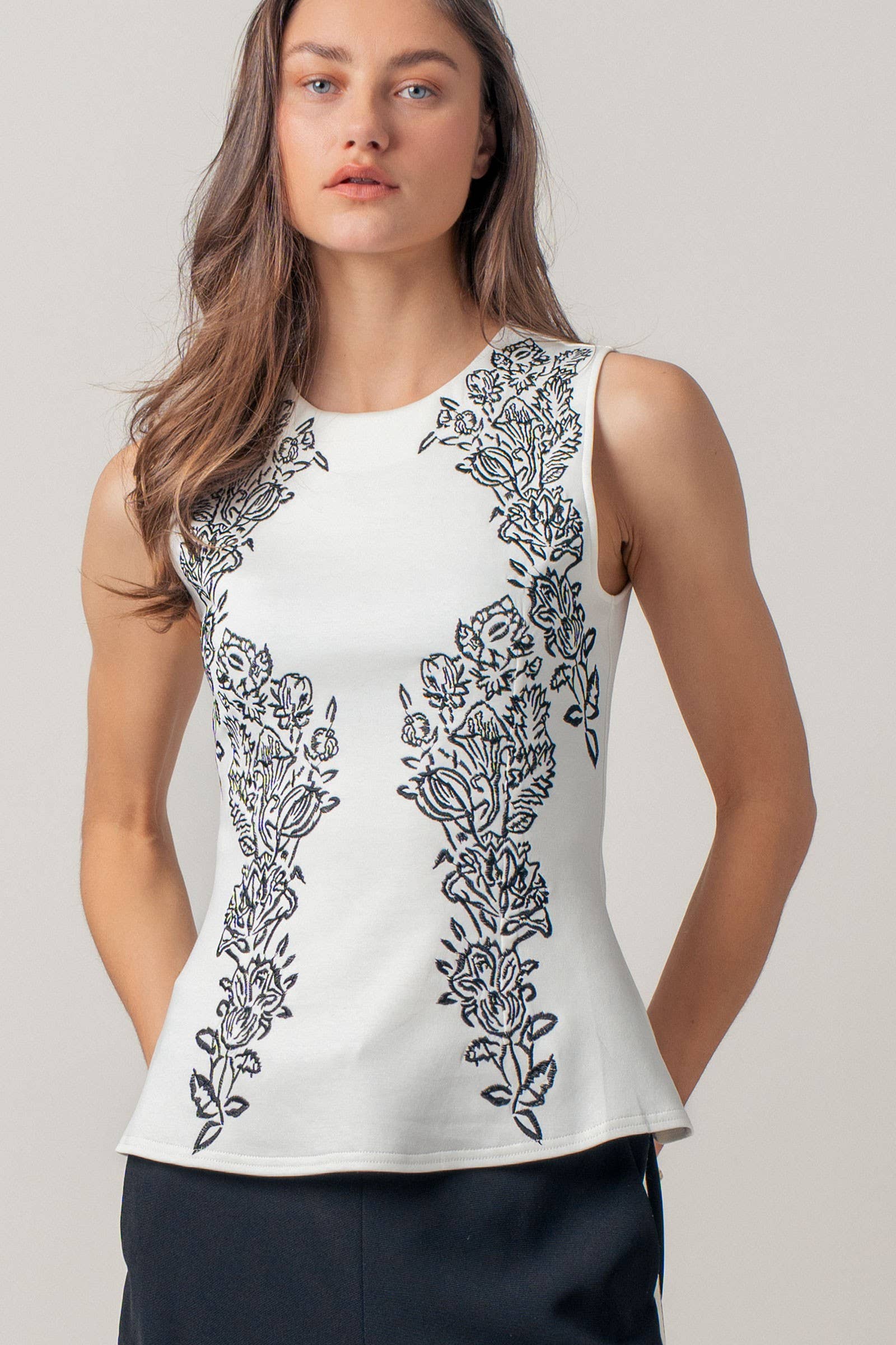 Urban Daizy Floral Embroidered Sleeveless Knit Peplum Top Ivory-Black Tank Top - Women's (UDZ-TP-01059) – alternate view 6