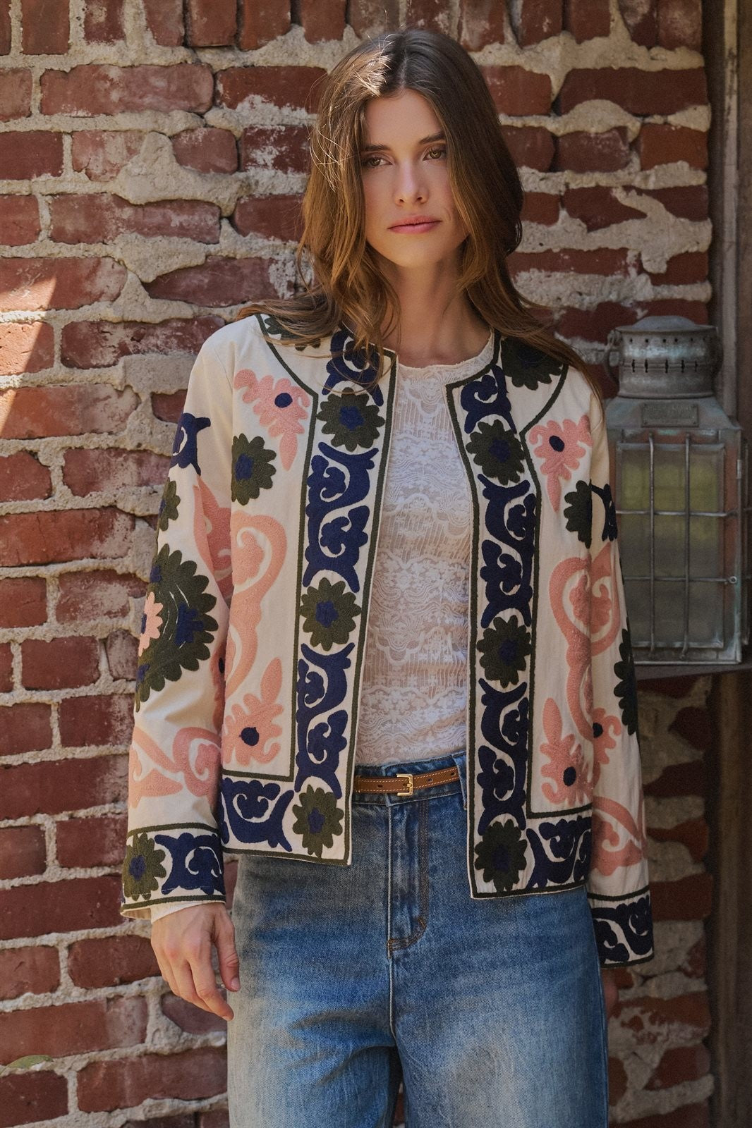 Suzani Embroidered Cotton Jacket with Floral Scroll in CREAM - Women's Jackets & Blazers | Urban Daizy
