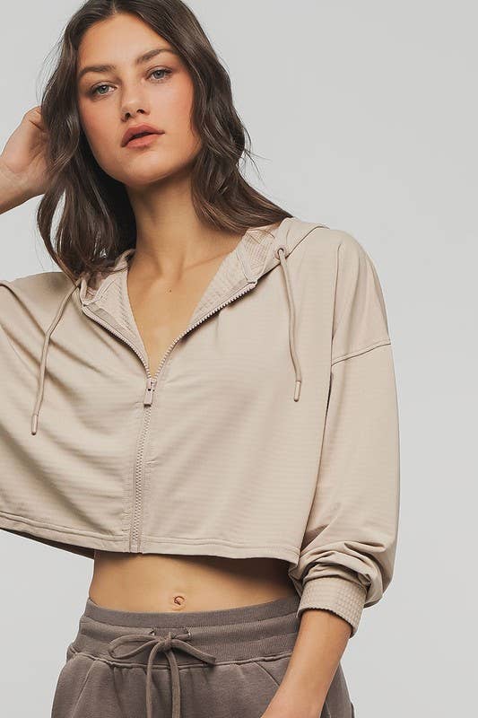 Urban Daizy Cropped Zip Up Drawstring Hooded Workout Jacket Stone Athletic Jacket - Women's (UDZ-OT-00350) – alternate view 5