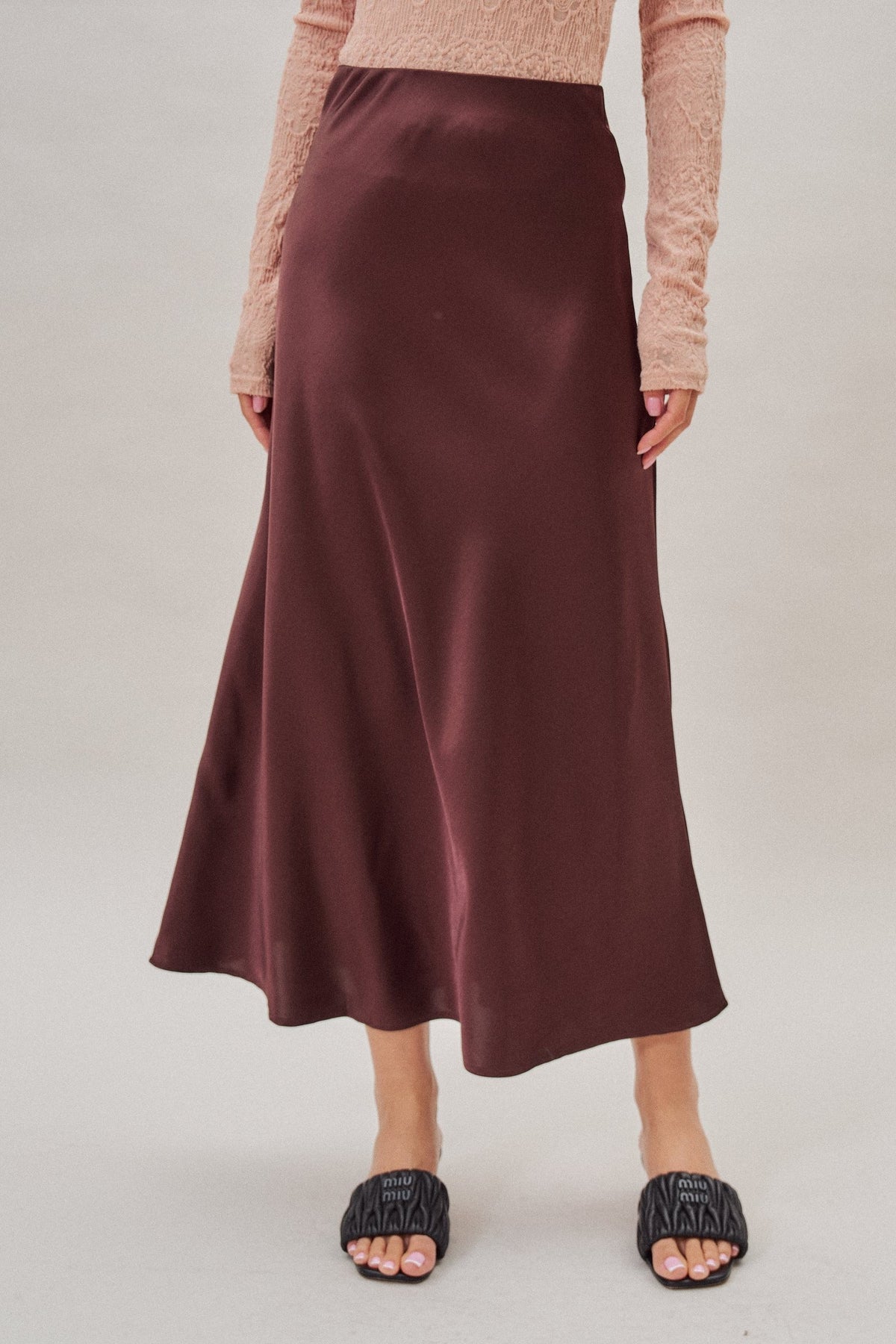 Bias Cut Satin Maxi Skirt with Fluid Drape in BURGUNDY - Women's Midi Skirts | Urban Daizy