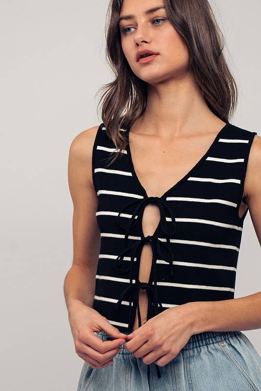 Urban Daizy Striped Tie-Front Cropped Knit Top Black White Knit Top - Women's (UDZ-TP-00750) – alternate view 22