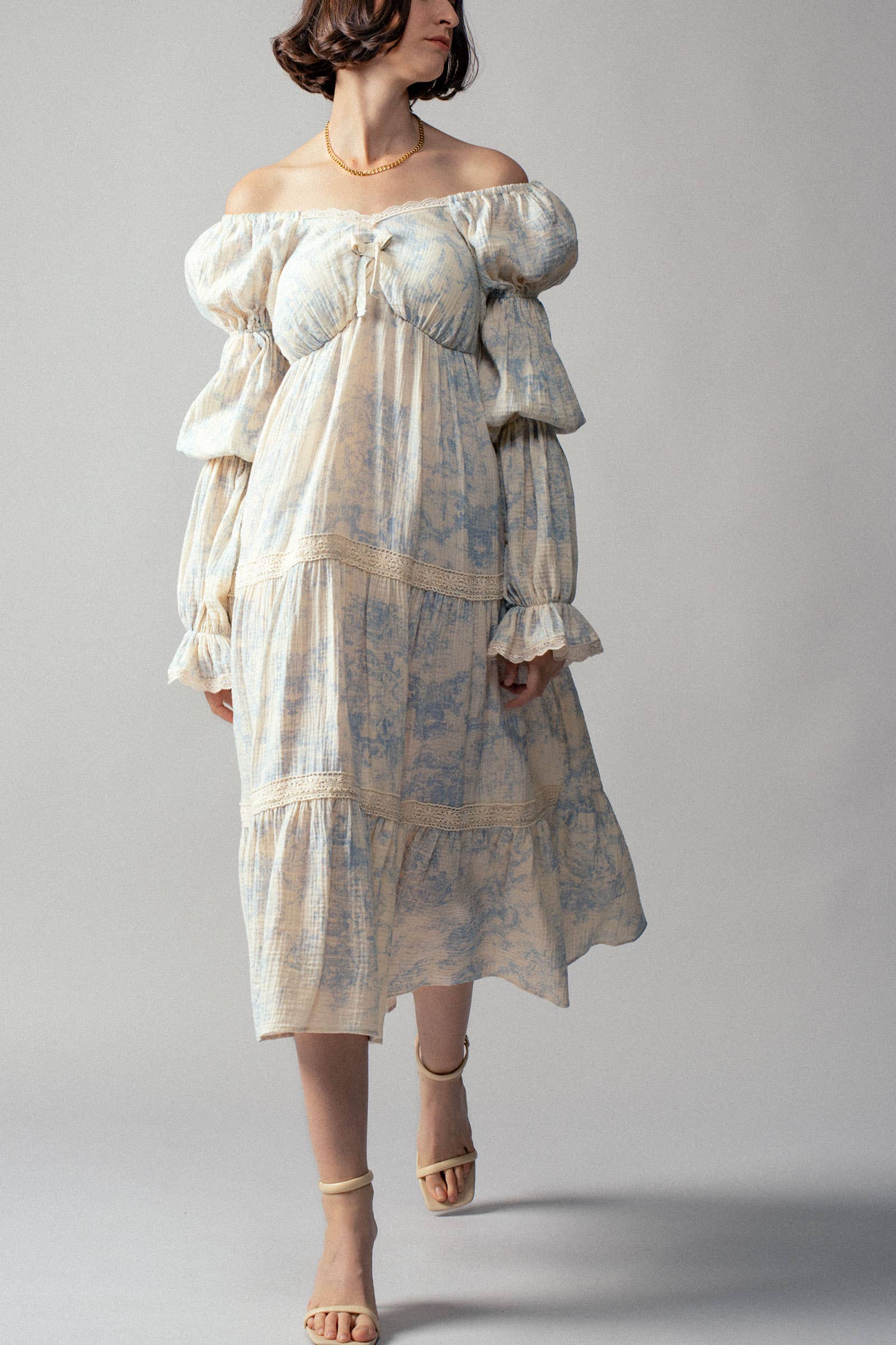 Urban Daizy Off-Shoulder Tiered Puff Sleeve Midi Dress Blue Dress - Women's (UDDR0211-Blue)