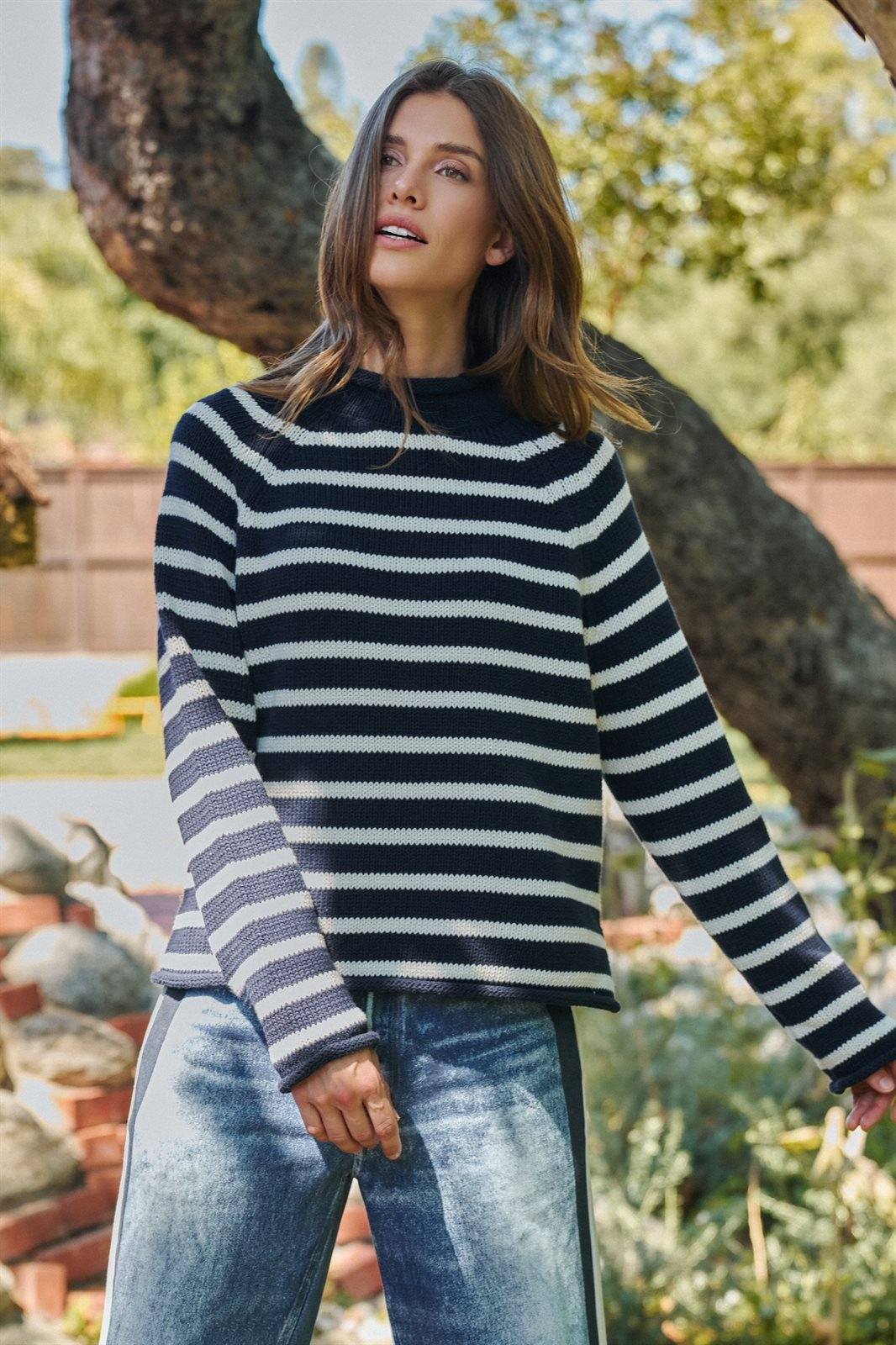 Striped Mock Neck Sweater with Rolled Neckline in IVORY NAVY - Women's Sweaters | Urban Daizy