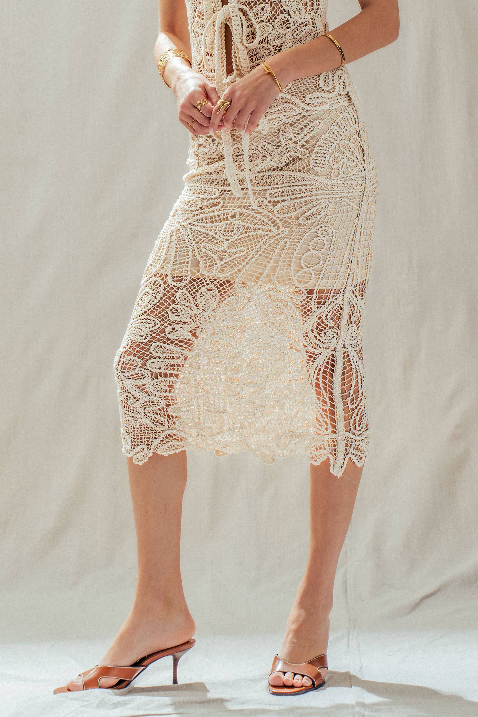 Open-Work Crochet Midi Skirt With Partial Lining