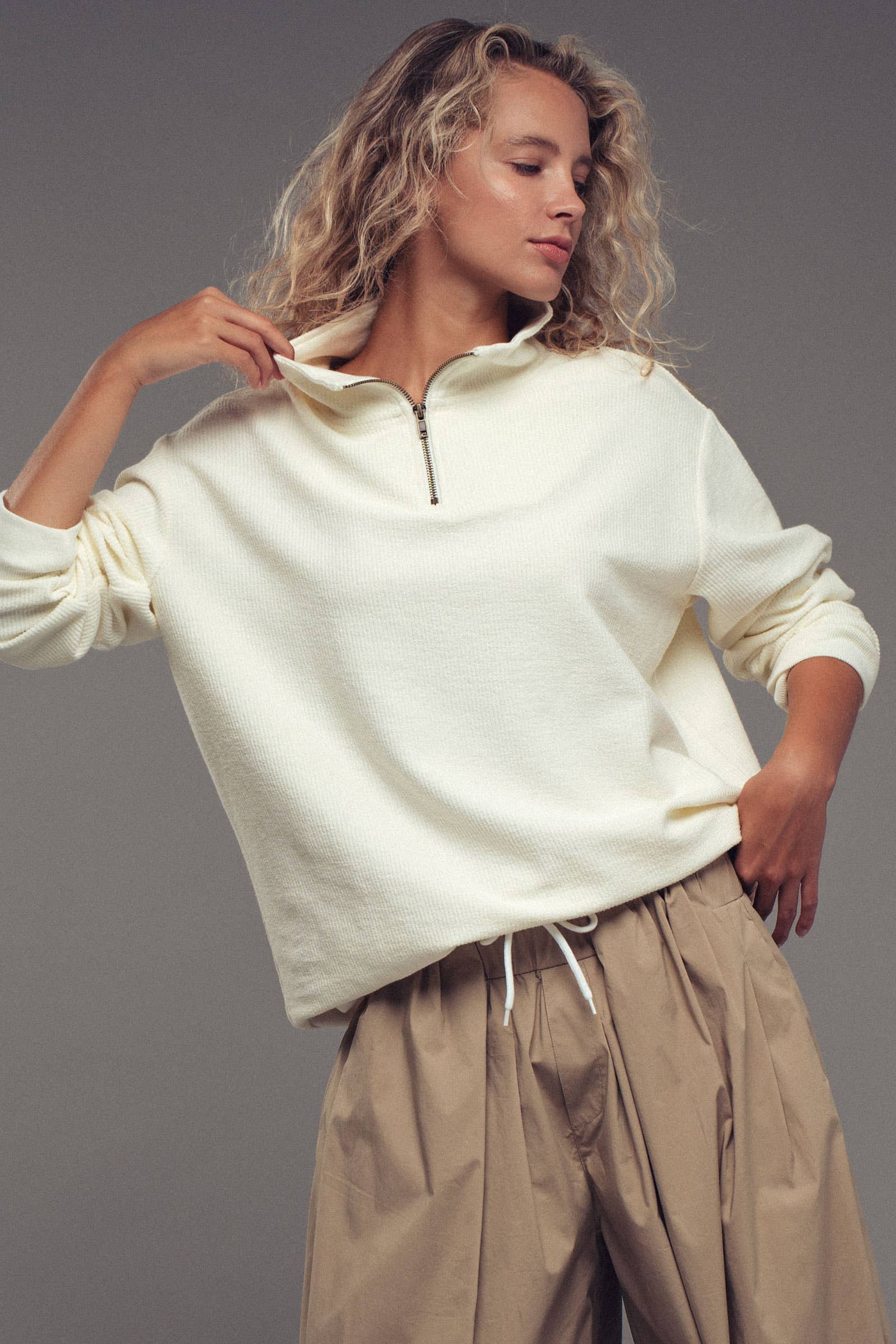 Urban Daizy Vintage Washed Quarter Zip Ribbed Sweatshirt Charcoal Sweatshirt - Women's (UDZ-KN-00255) – alternate view 10