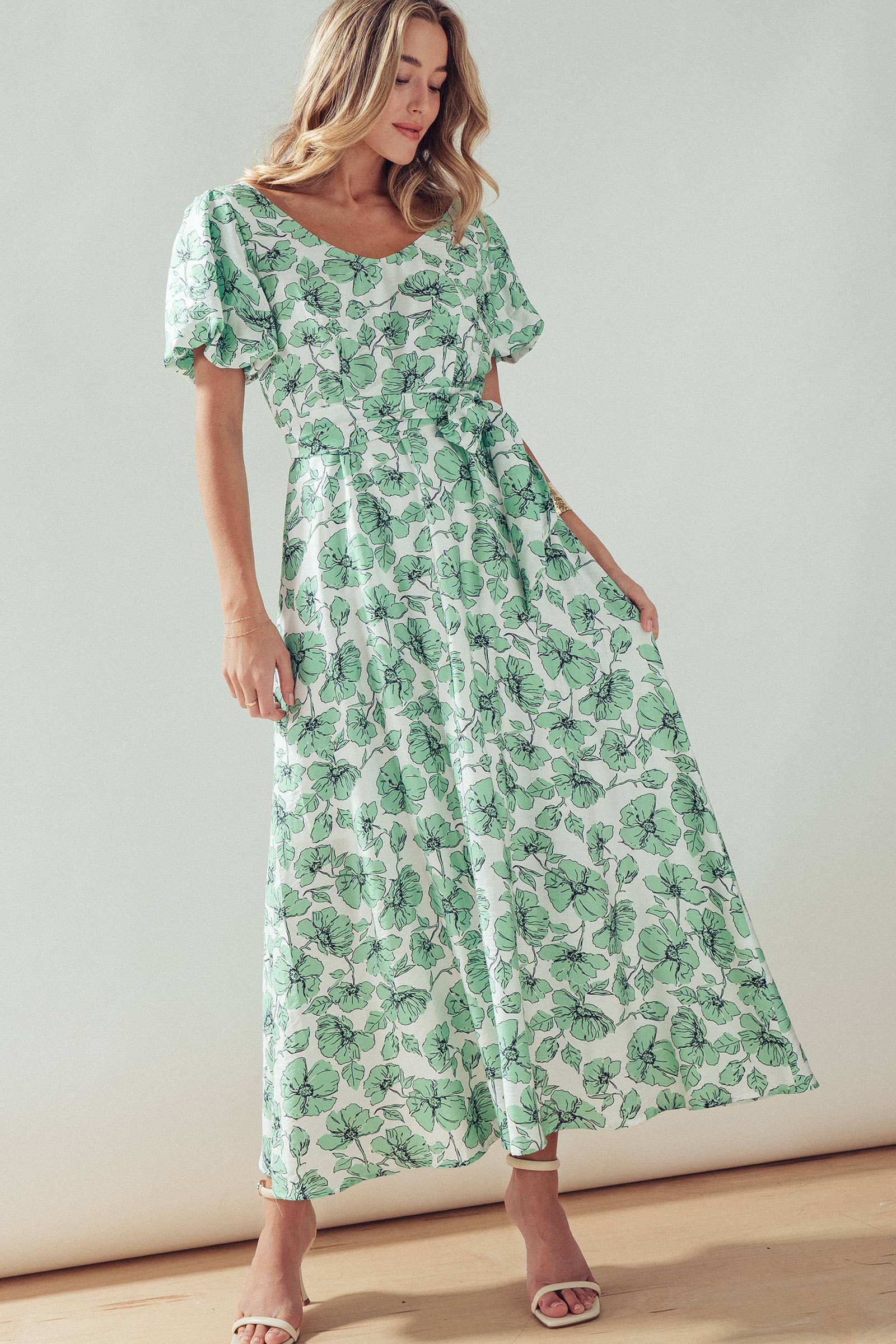 Green Floral Puff Sleeve Midi Dress