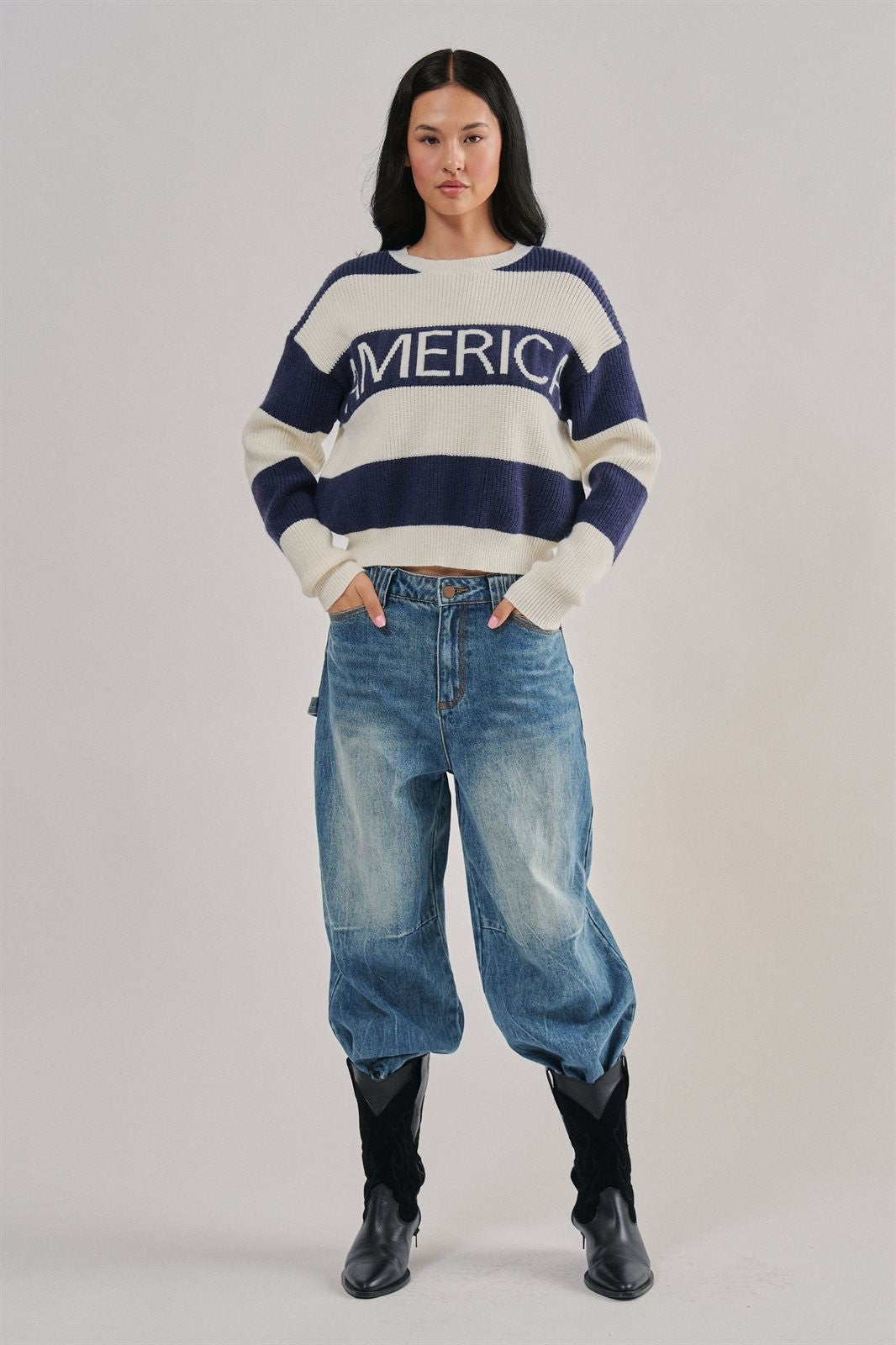 Nantucket America Stripe Crewneck Sweater in IVORY NAVY - Women's Sweaters | Urban Daizy