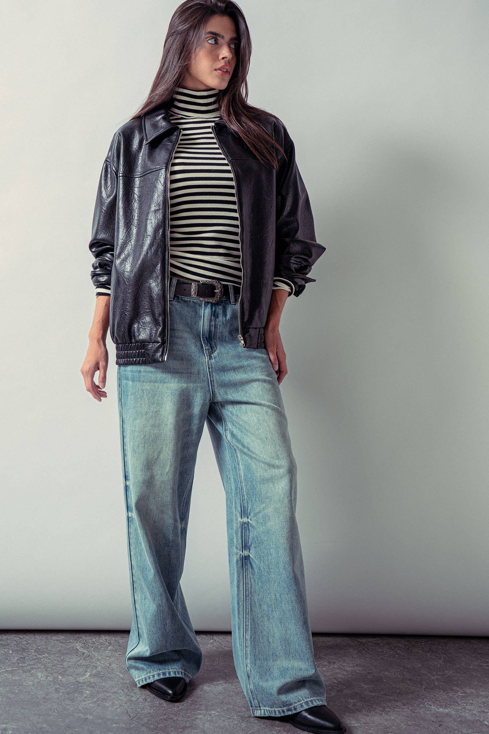 Relaxed Faux Leather Zip-Up Statement Jacket