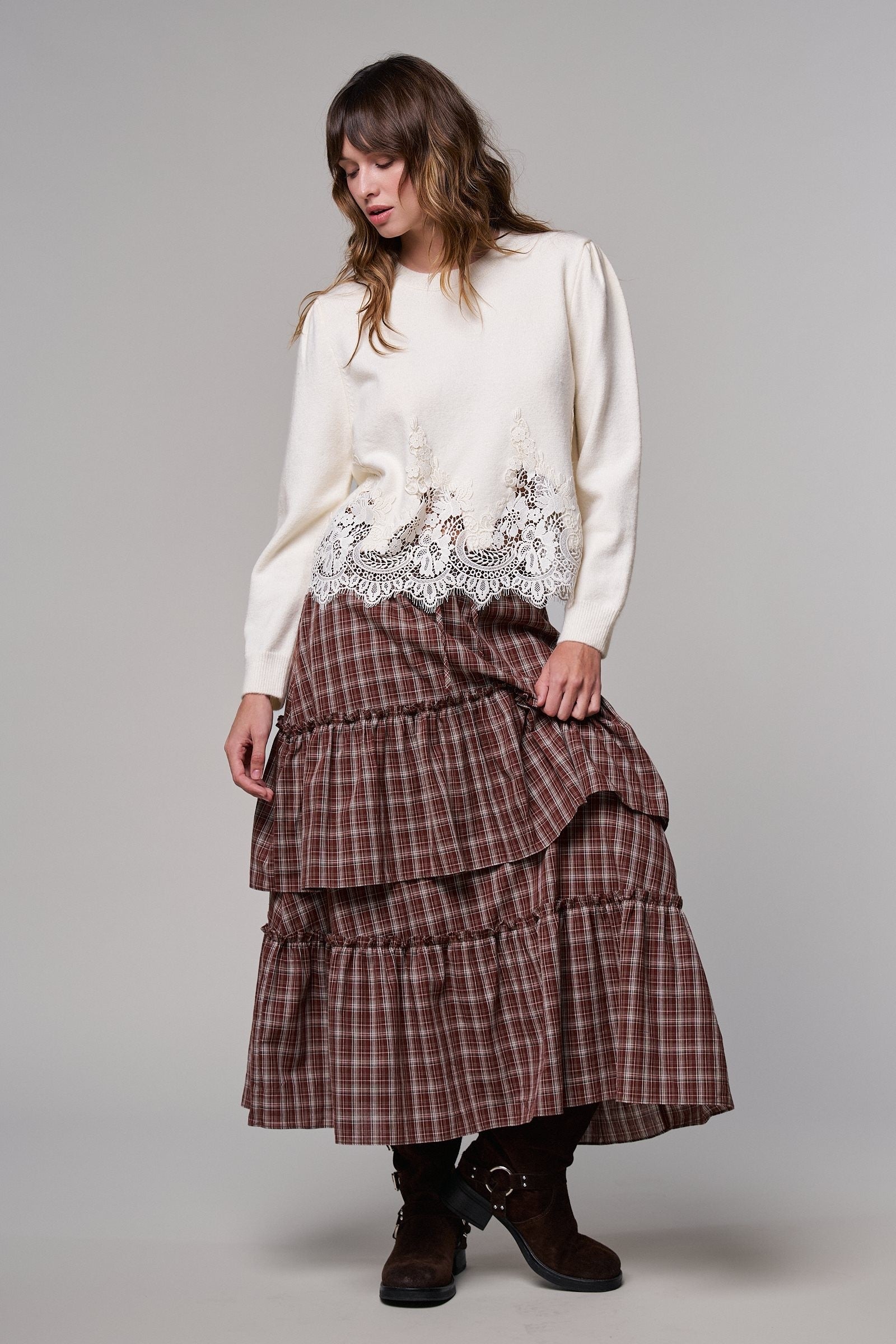 Plaid Tiered Ruffle Maxi Skirt Western Cowgirl Boho Long Ski in BROWN - Women's Midi Skirts | Urban Daizy
