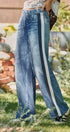 Wide Leg Faux Denim Print French Terry Track Pants with Side in IVORY NAVY - Women's Casual Pants | Urban Daizy