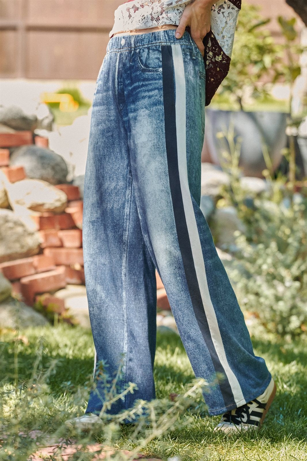 Wide Leg Faux Denim Print French Terry Track Pants with Side in IVORY NAVY - Women's Casual Pants | Urban Daizy