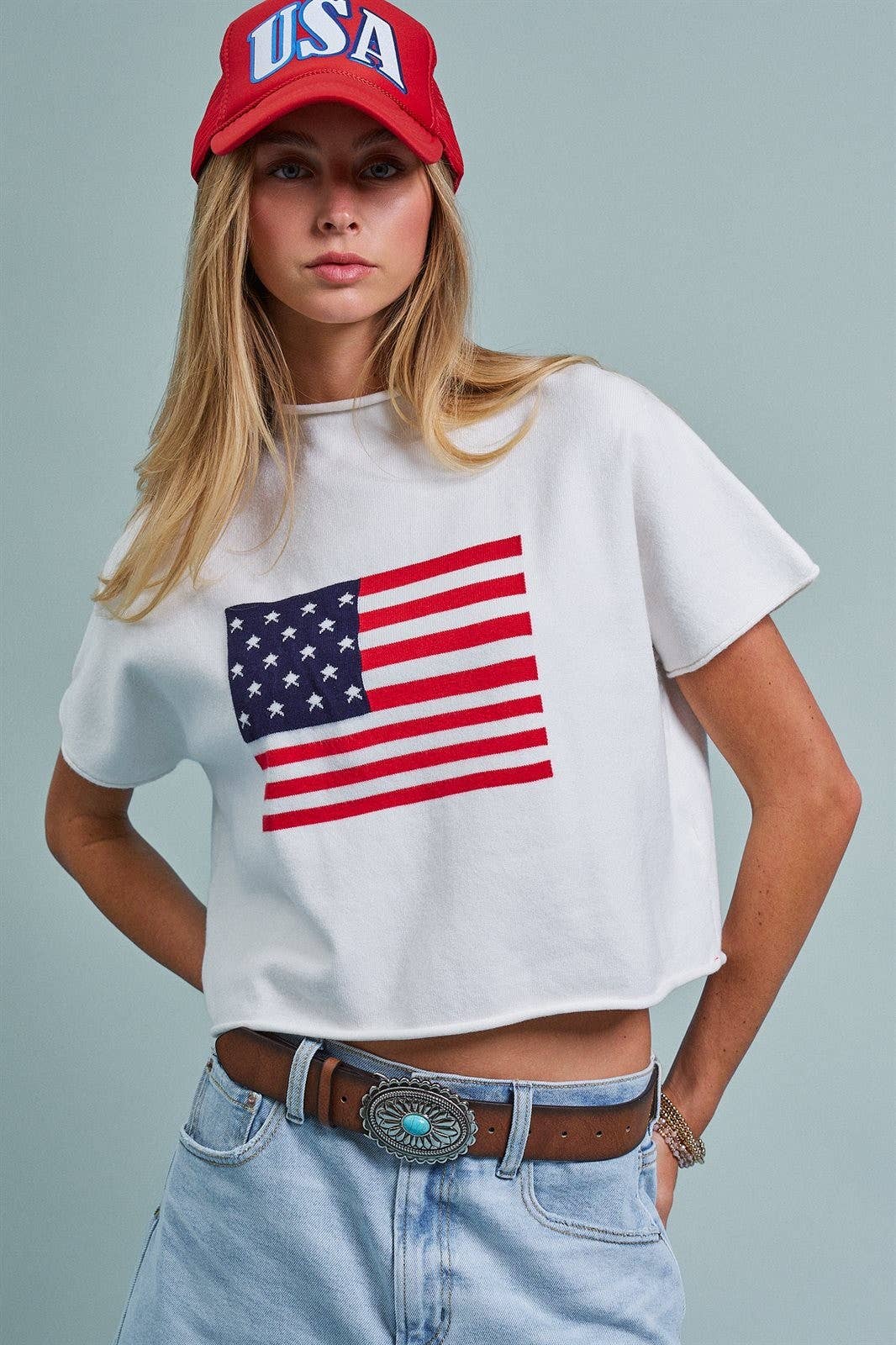 Urban Daizy American Flag Graphic Raw Edge Crop Tee White T-Shirt (Graphic) - Women's (UDZ-TP-01083-White) – alternate view 7