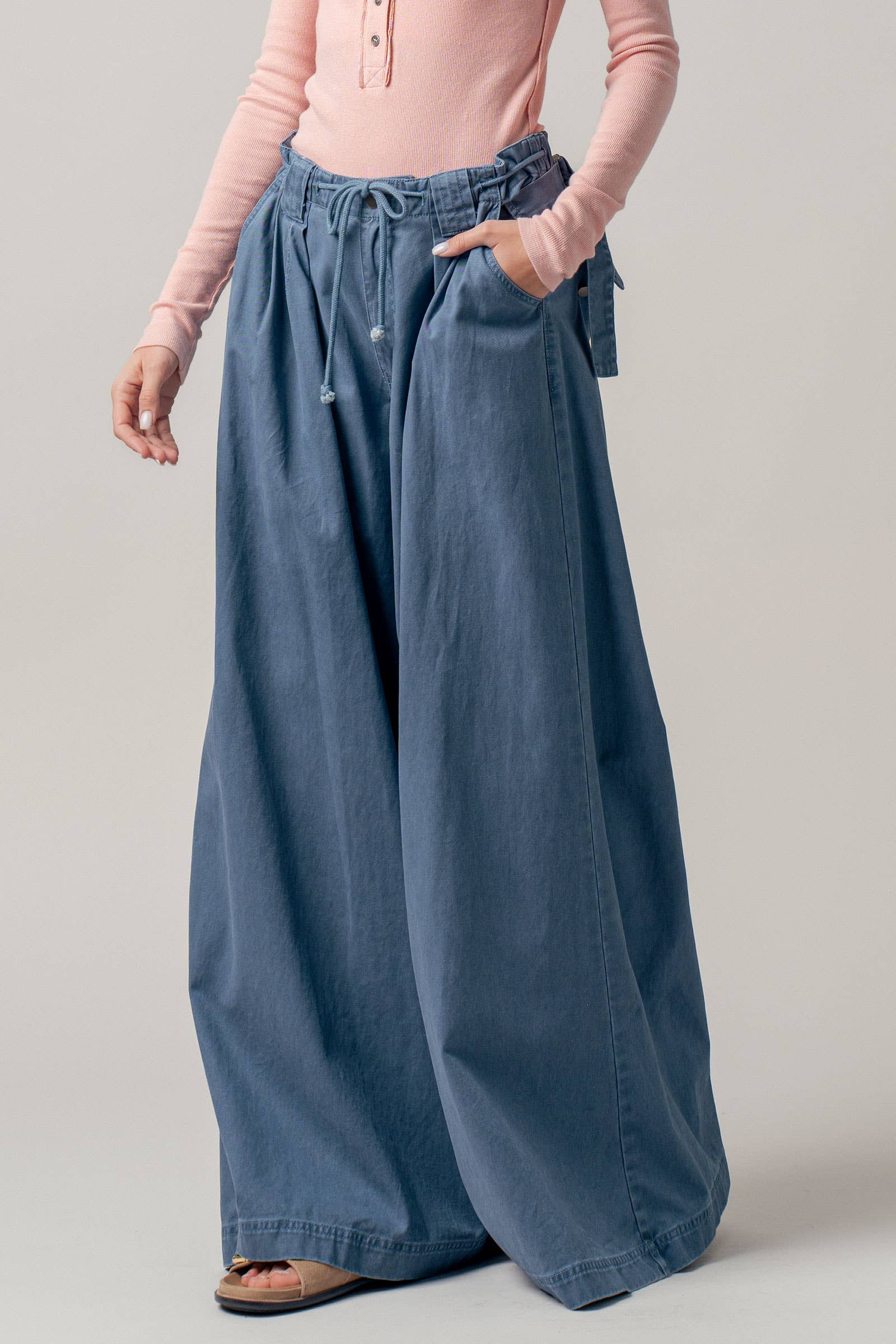 Wide-Leg Drawstring Denim Pants