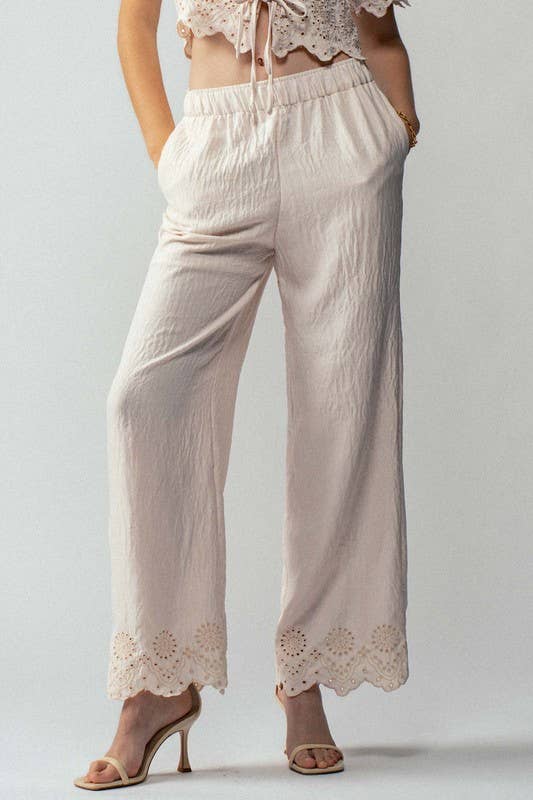 Urban Daizy Embroidered Eyelet Flutter Sleeve Top and Wide Leg Pants Natural Top & Pant Set (NOT Loungewear) - Women's (UDZ-PT-00354) – alternate view 5