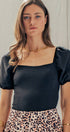 Urban Daizy Open Back Bow Tie Puff Sleeve Textured Bodysuit Black Bodysuit - Women's (TNTP3996)