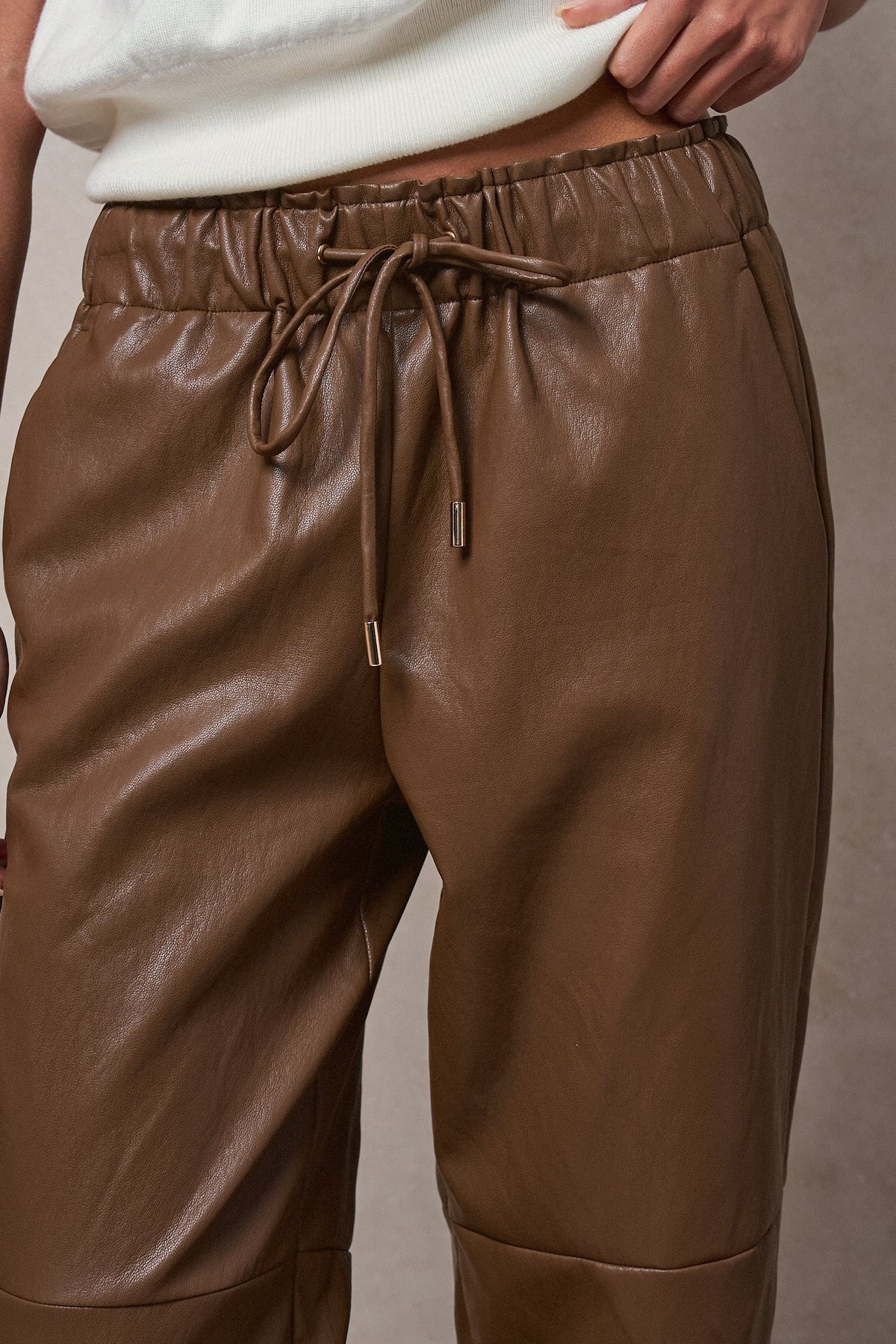 Faux Leather Drawstring Jogger Pants in BROWN - Women's Casual Pants | Urban Daizy