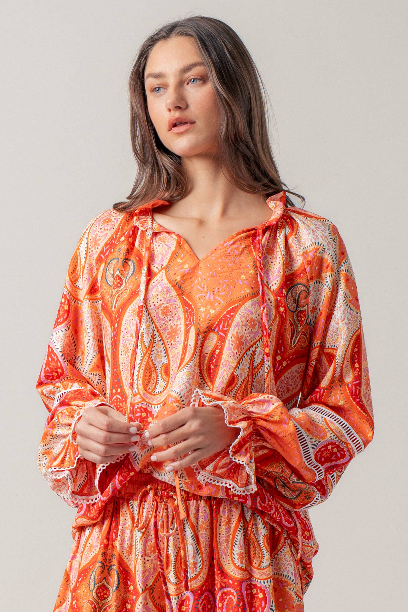 Paisley Print Tie-Neck Blouse with Bell Sleeves
