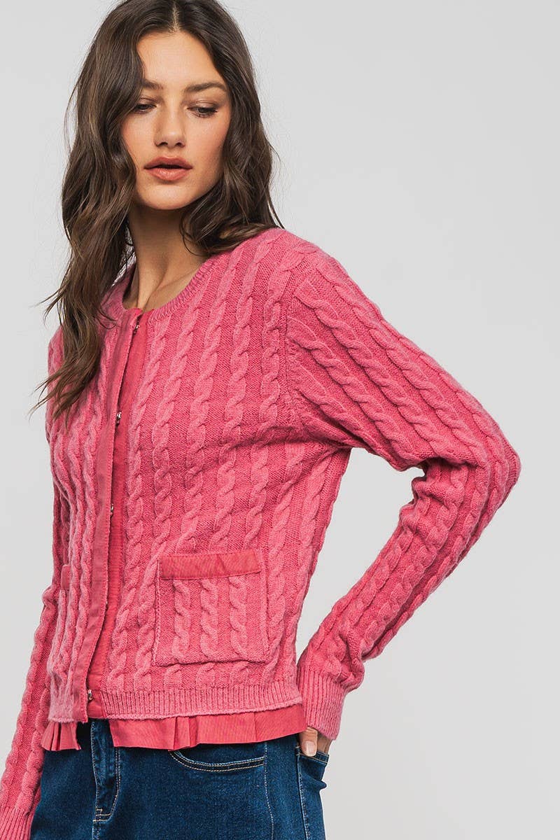 Urban Daizy Cable Knit Snap Front Ribbed Trim Long Sleeve Sweater Ivory Cardigan - Women's (UDZ-KN-00628) – alternate view 9