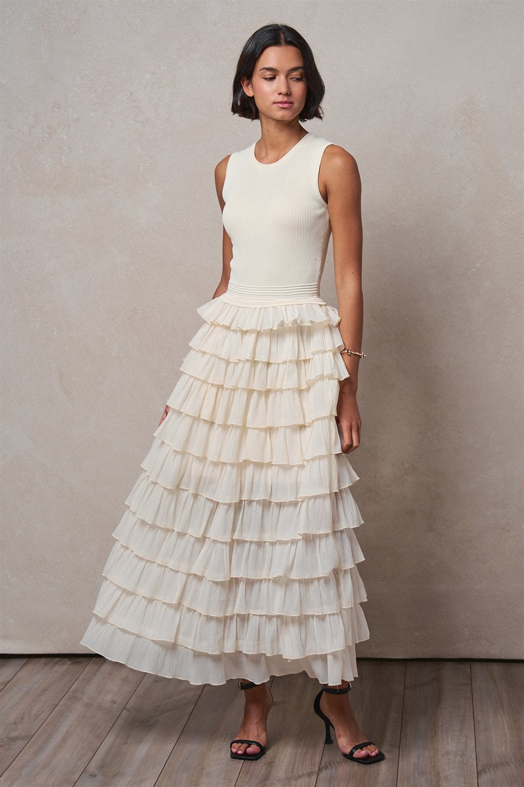 Tiered Ruffle Maxi Dress with Contrast Trim in IVORY - Women's Cocktail Dresses | Urban Daizy