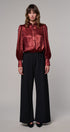 Metallic Shimmer Button Down Blouse with Puff Sleeves in BURGUNDY - Women's Shirts & Blouses | Urban Daizy