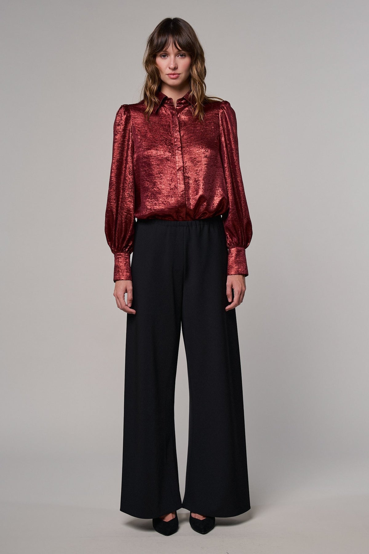 Metallic Shimmer Button Down Blouse with Puff Sleeves in BURGUNDY - Women's Shirts & Blouses | Urban Daizy
