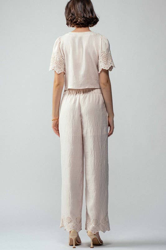 Urban Daizy Embroidered Eyelet Flutter Sleeve Top and Wide Leg Pants Natural Top & Pant Set (NOT Loungewear) - Women's (UDZ-PT-00354) – alternate view 13