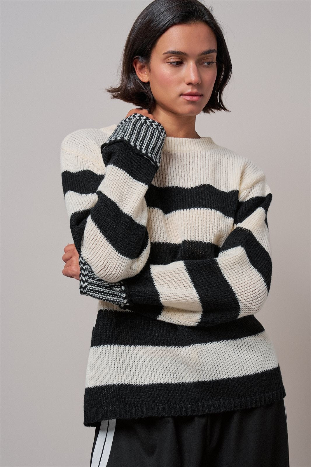 Striped Oversized Chunky Knit Sweater in BLACK - Women's Sweaters | Urban Daizy