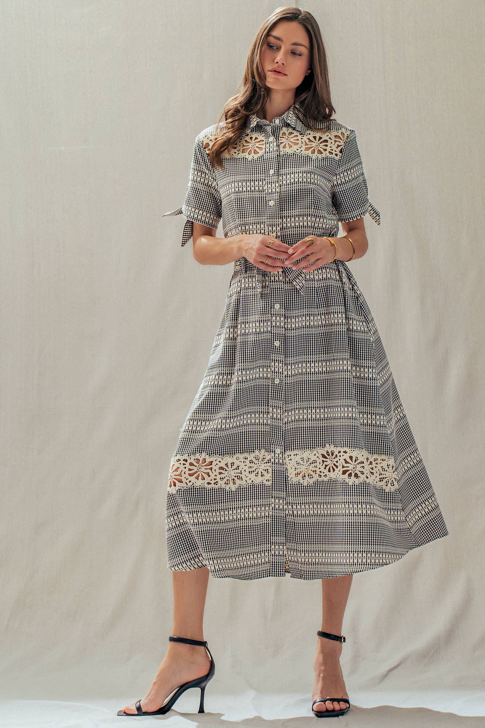 Gingham Cotton Shirt Dress Eyelet Embroidery