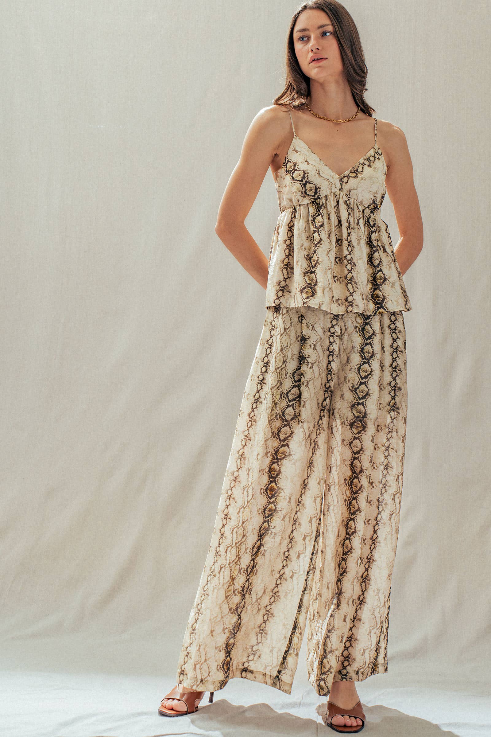 Snake Print Wide Leg Pants Linen Blend