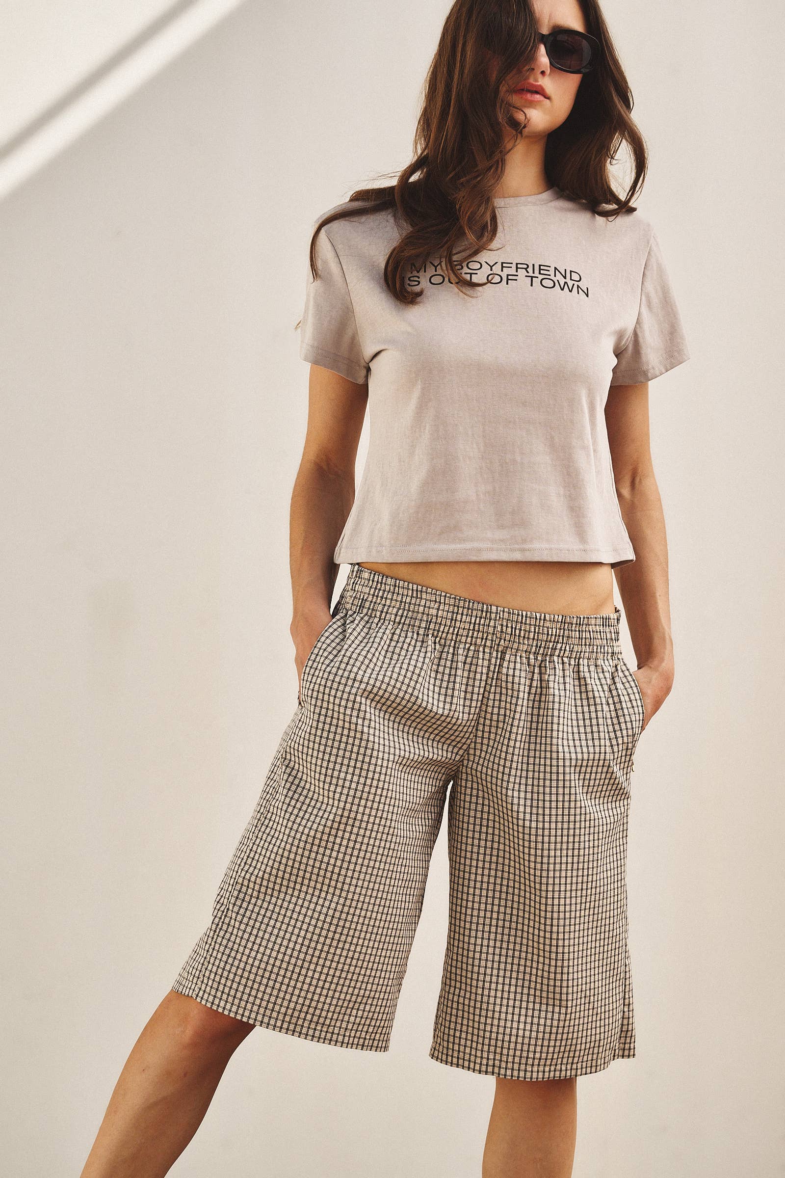 Urban Daizy Classic Check Print Elastic Bermuda Shorts Cream Shorts - Women's (UDPT0174-Cream) – alternate view 6