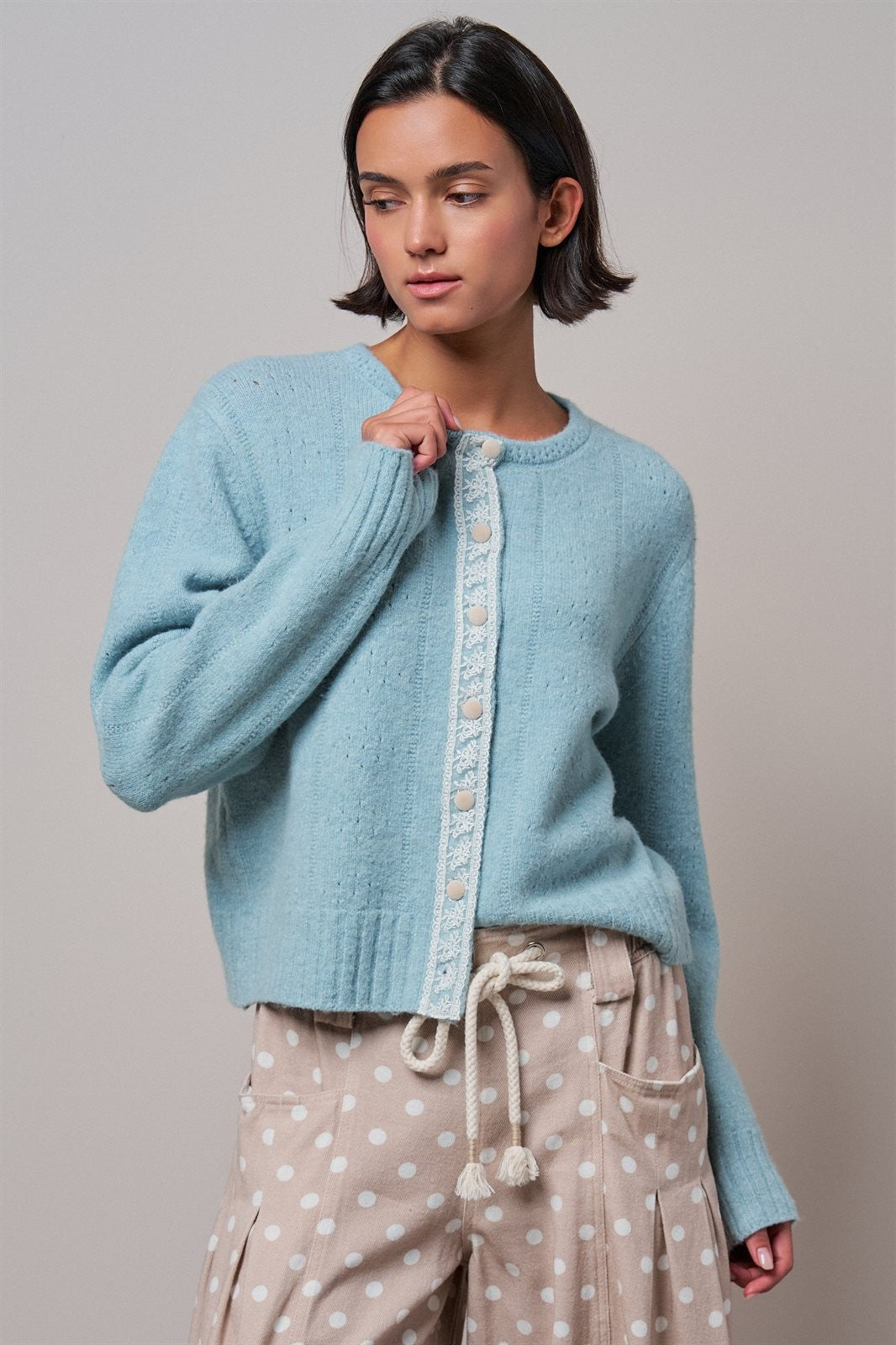 Elegant Wool Blend Cardigan with Lace Trim Detail in PASTEL BLUE - Women's Cardigans & Shrugs | Urban Daizy