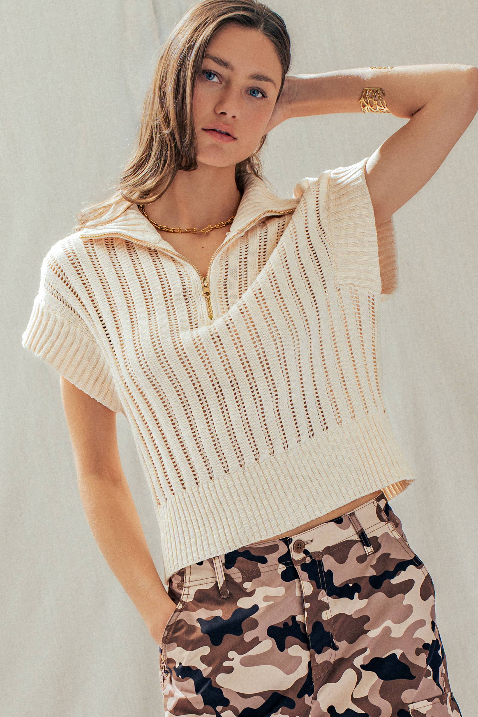 Ribbed Knit Half-Zip Mock Neck Sweater Vest