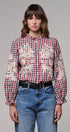 Floral Embroidered Gingham Blouse in Romantic Prairie Style in RED/NAVY - Women's Graphic T-shirts | Urban Daizy