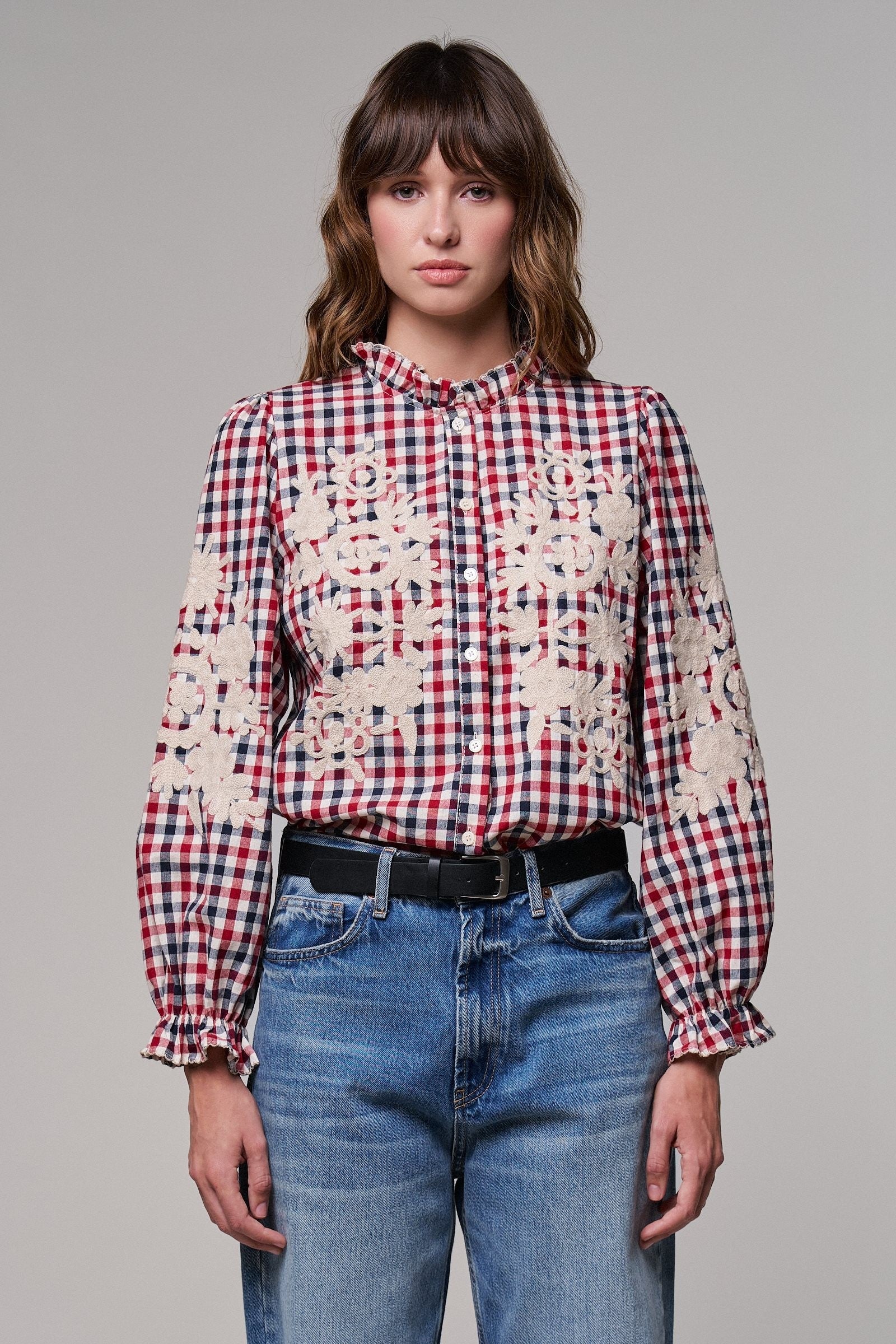 Floral Embroidered Gingham Blouse in Romantic Prairie Style in RED/NAVY - Women's Graphic T-shirts | Urban Daizy