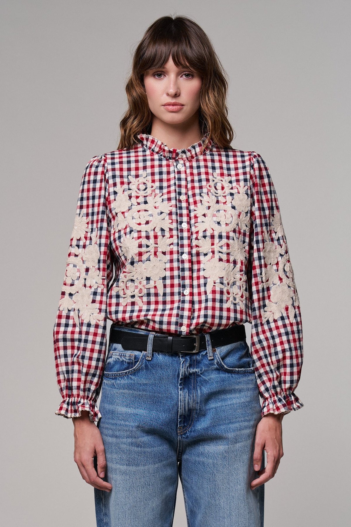Floral Embroidered Gingham Blouse in Romantic Prairie Style in RED/NAVY - Women's Graphic T-shirts | Urban Daizy