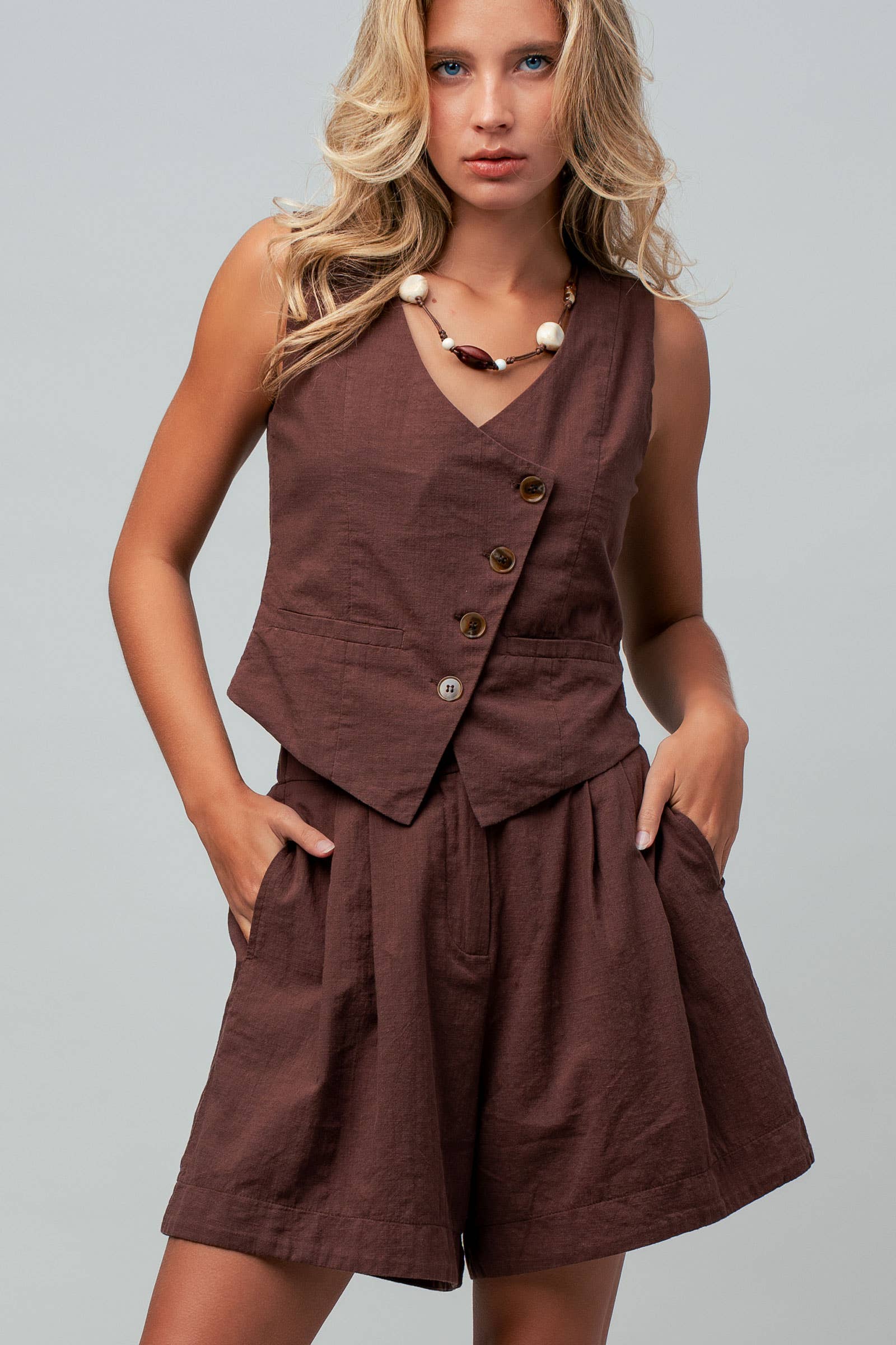 Asymmetrical Button Cotton Vest & Shorts Set