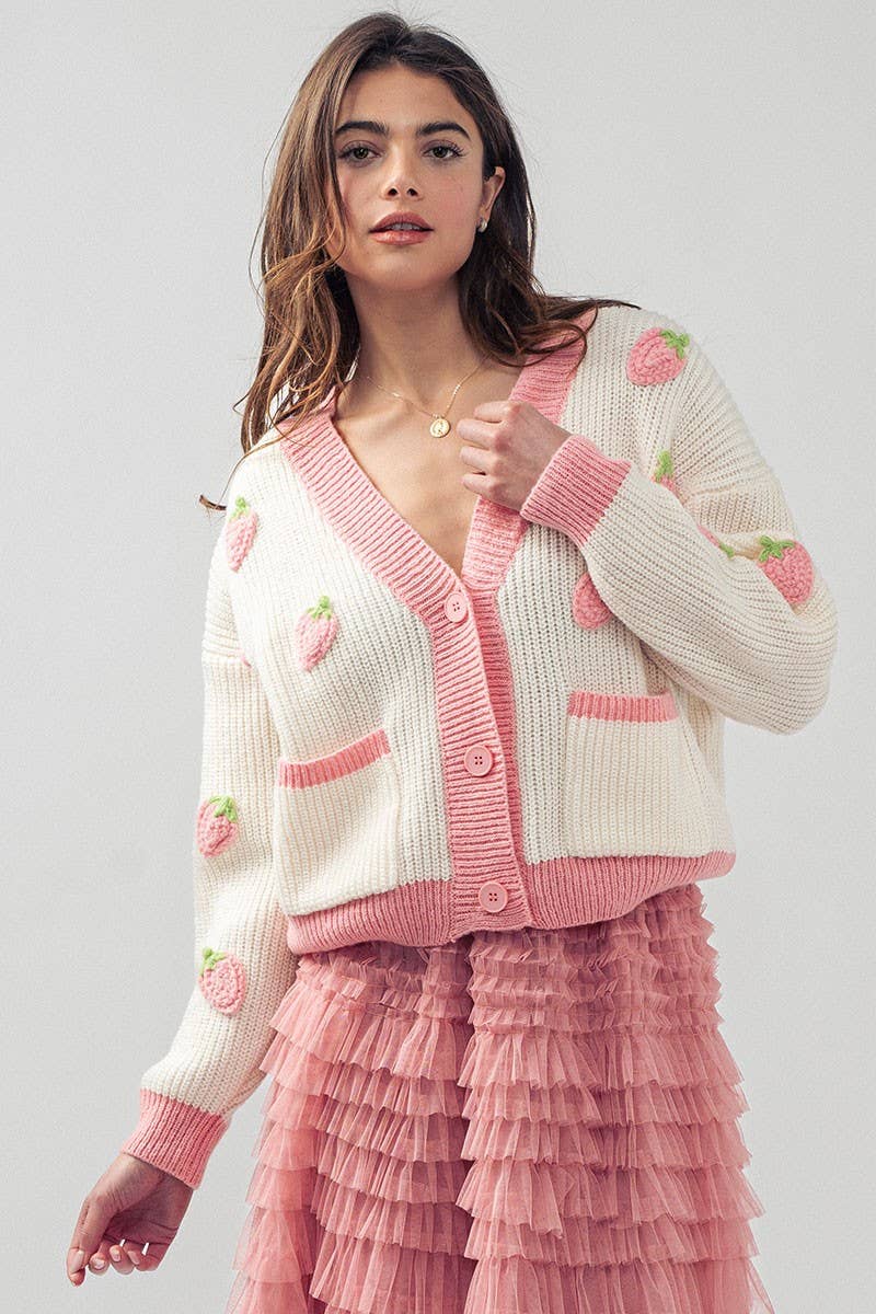 Urban Daizy Romantic Strawberry Embroidered V Neck Chunky Sweater Pink Cardigan - Women's (UDZ-KN-00160) – alternate view 12