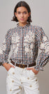 Floral Embroidered Gingham Blouse in Romantic Prairie Style in BROWN NAVY - Women's Graphic T-shirts | Urban Daizy