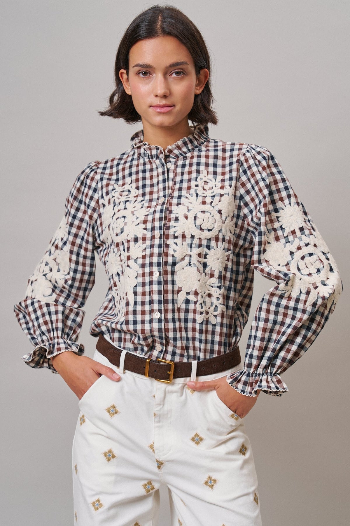 Floral Embroidered Gingham Blouse in Romantic Prairie Style in BROWN NAVY - Women's Graphic T-shirts | Urban Daizy