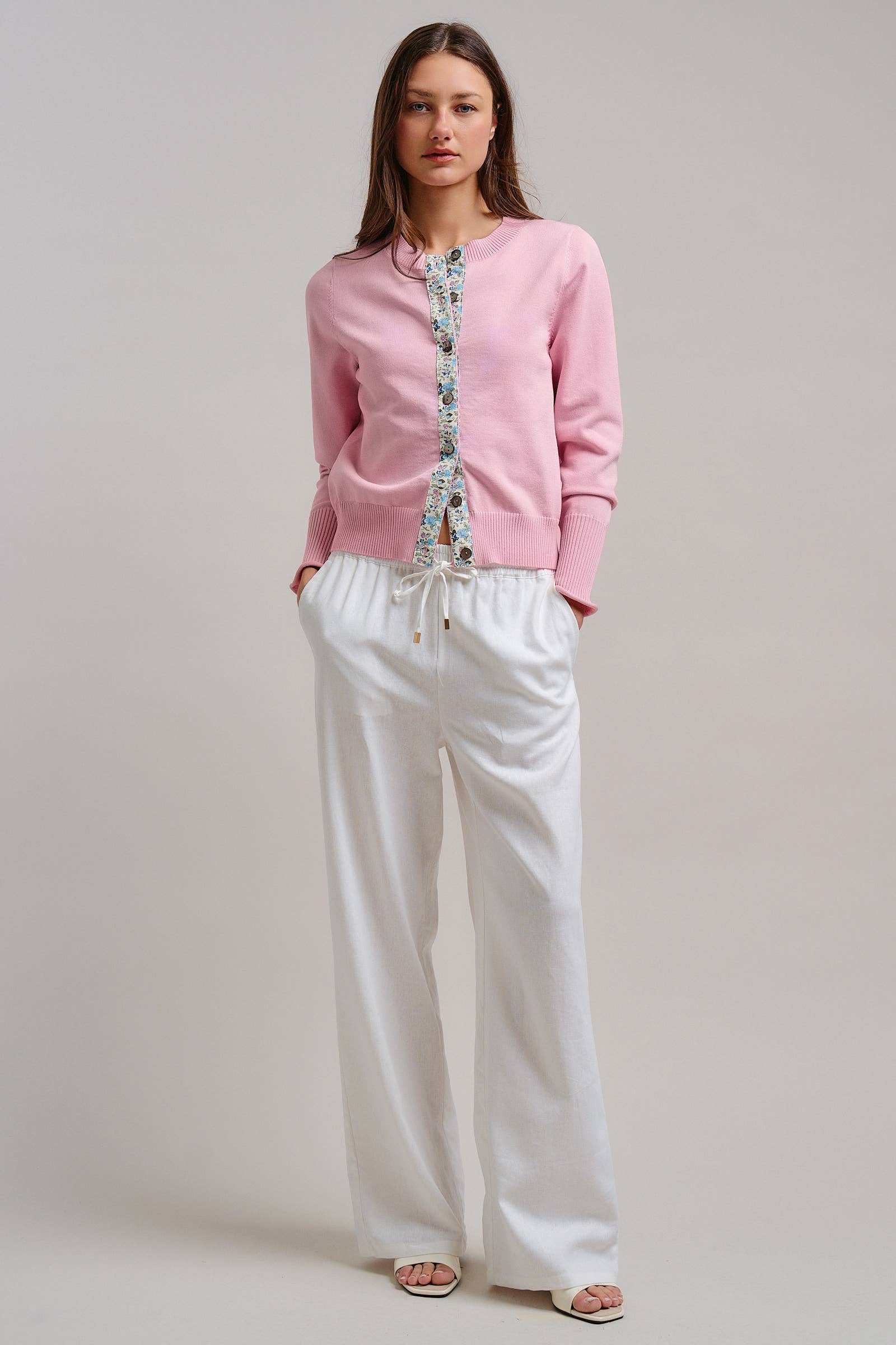 Contrast Floral Detail Knit Button Cardigan
