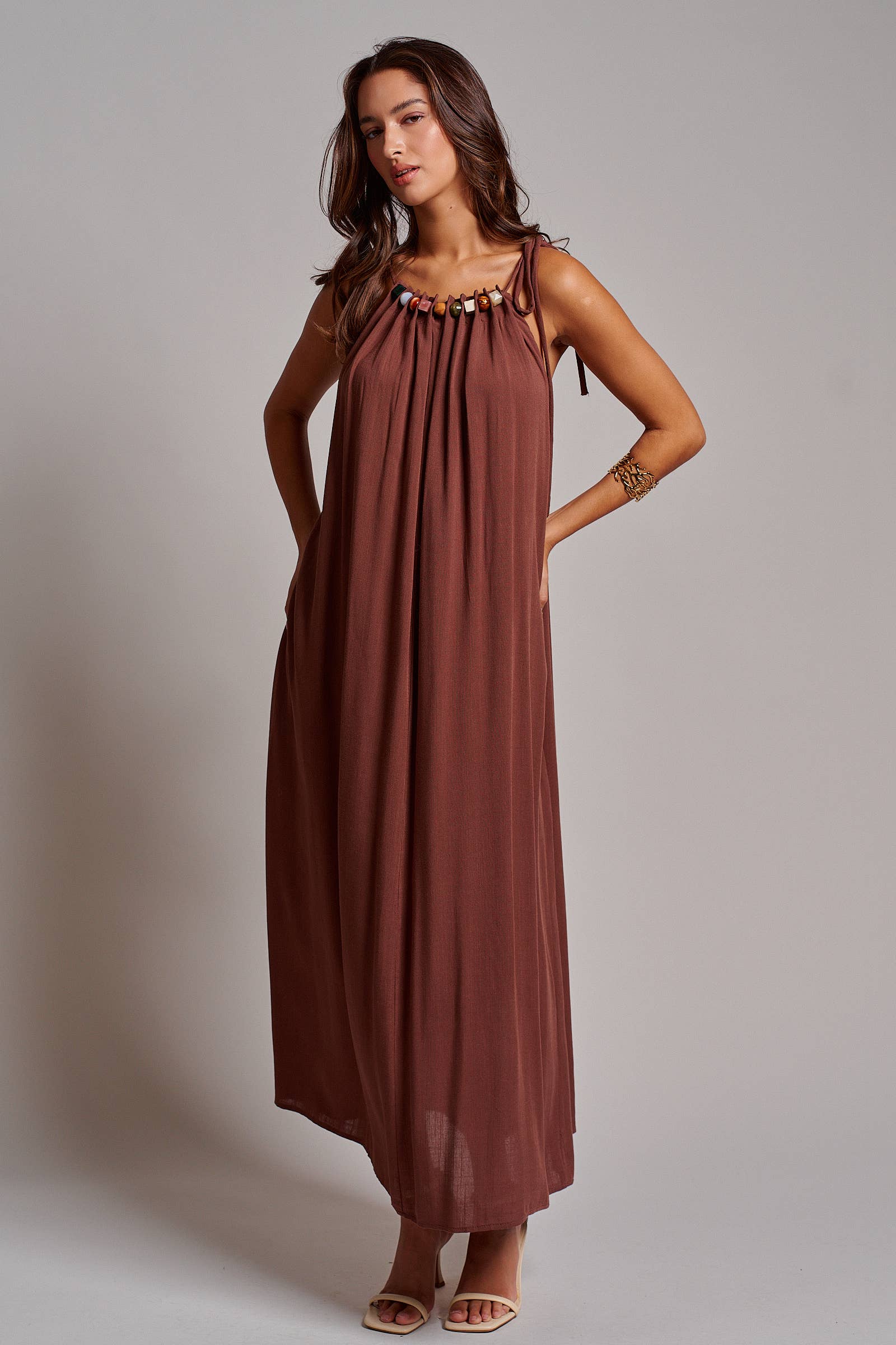 Beaded Halter Neck Linen Blend Maxi Dress